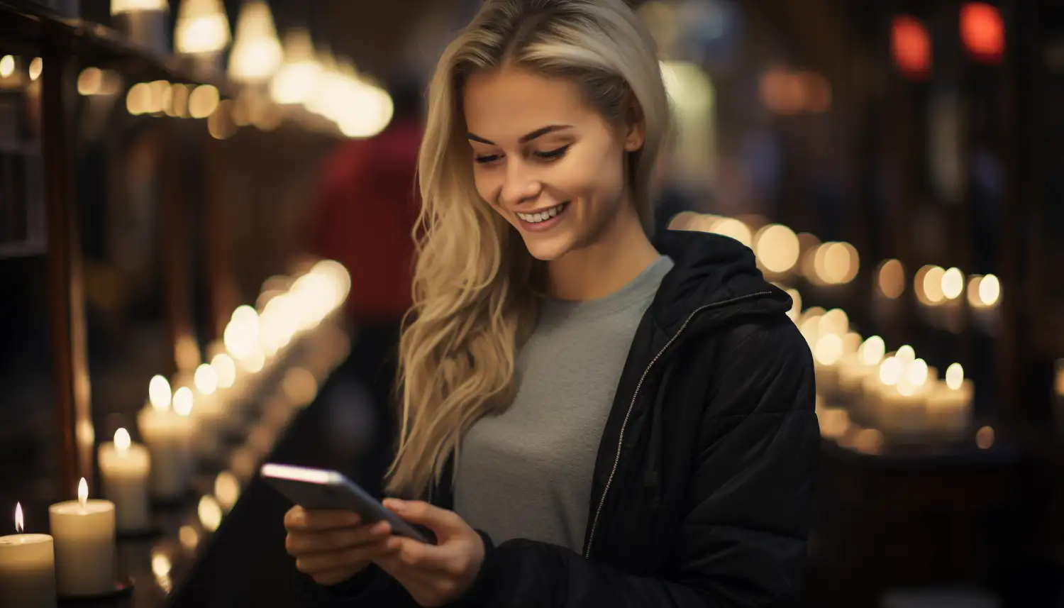 A woman happily glancing at her phone, wearing a smile on her face as she engages with its content.