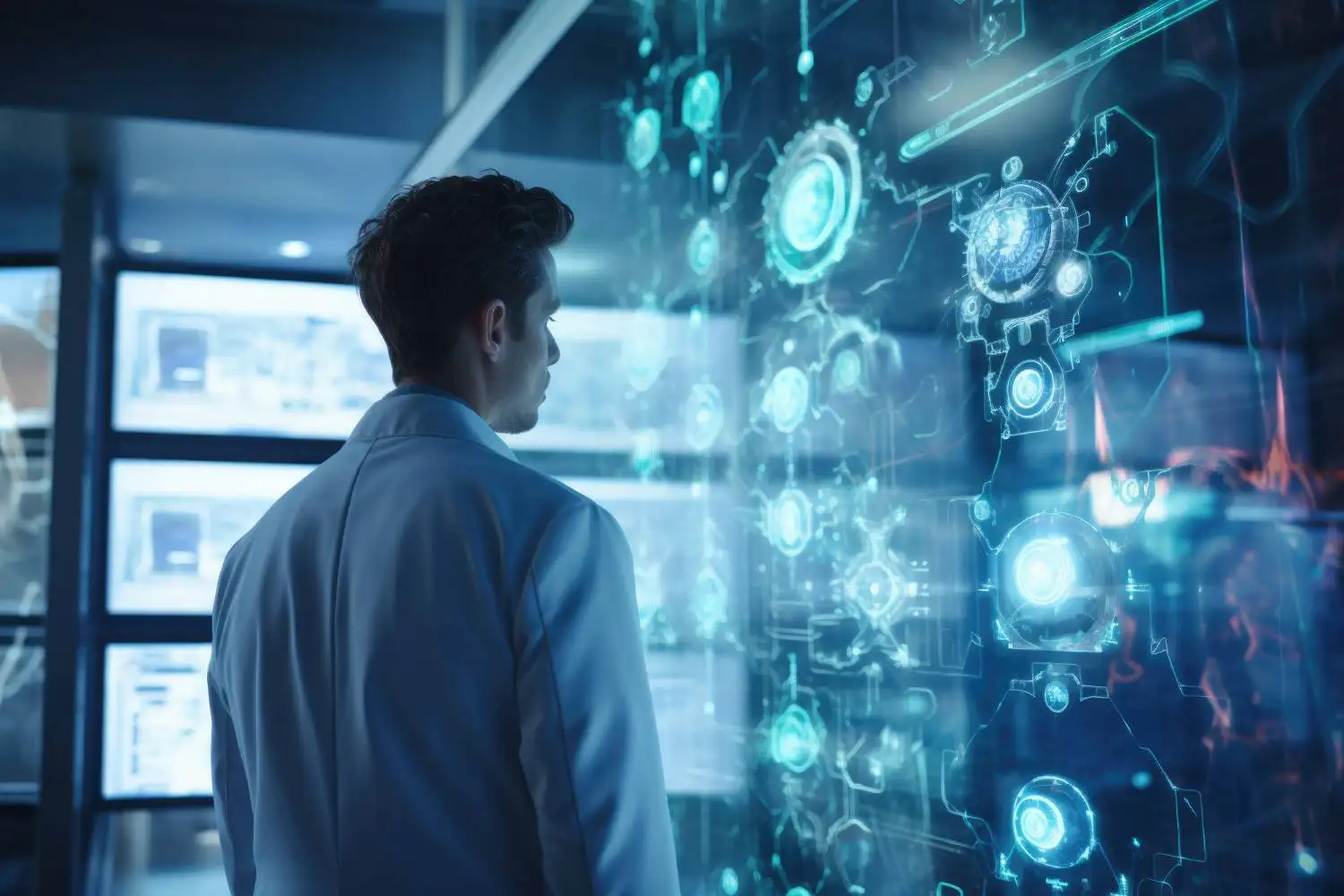 A man in a lab coat analyzing a screen displaying digital icons.