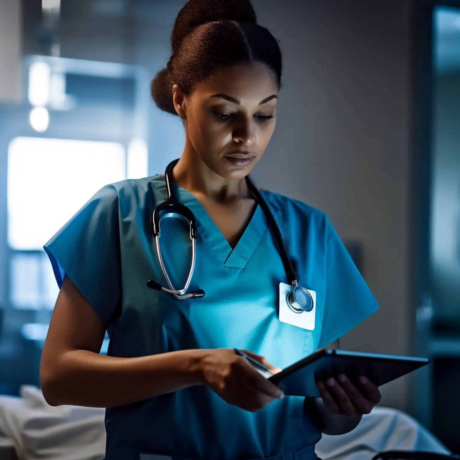 A nurse in blue scrubs using a tablet to access medical records and provide patient care.