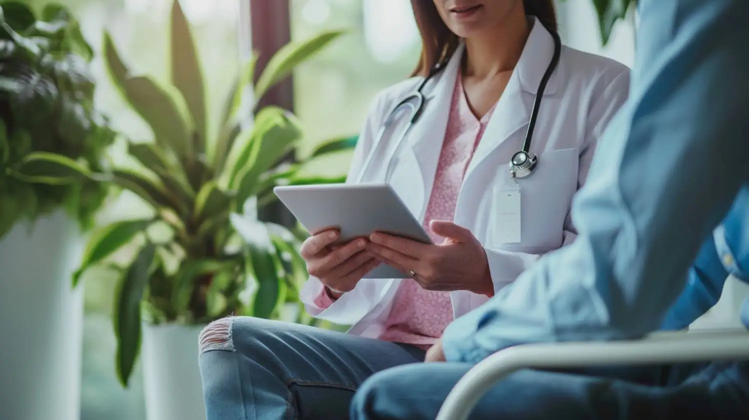 A female doctor in a white coat examining a tablet device.