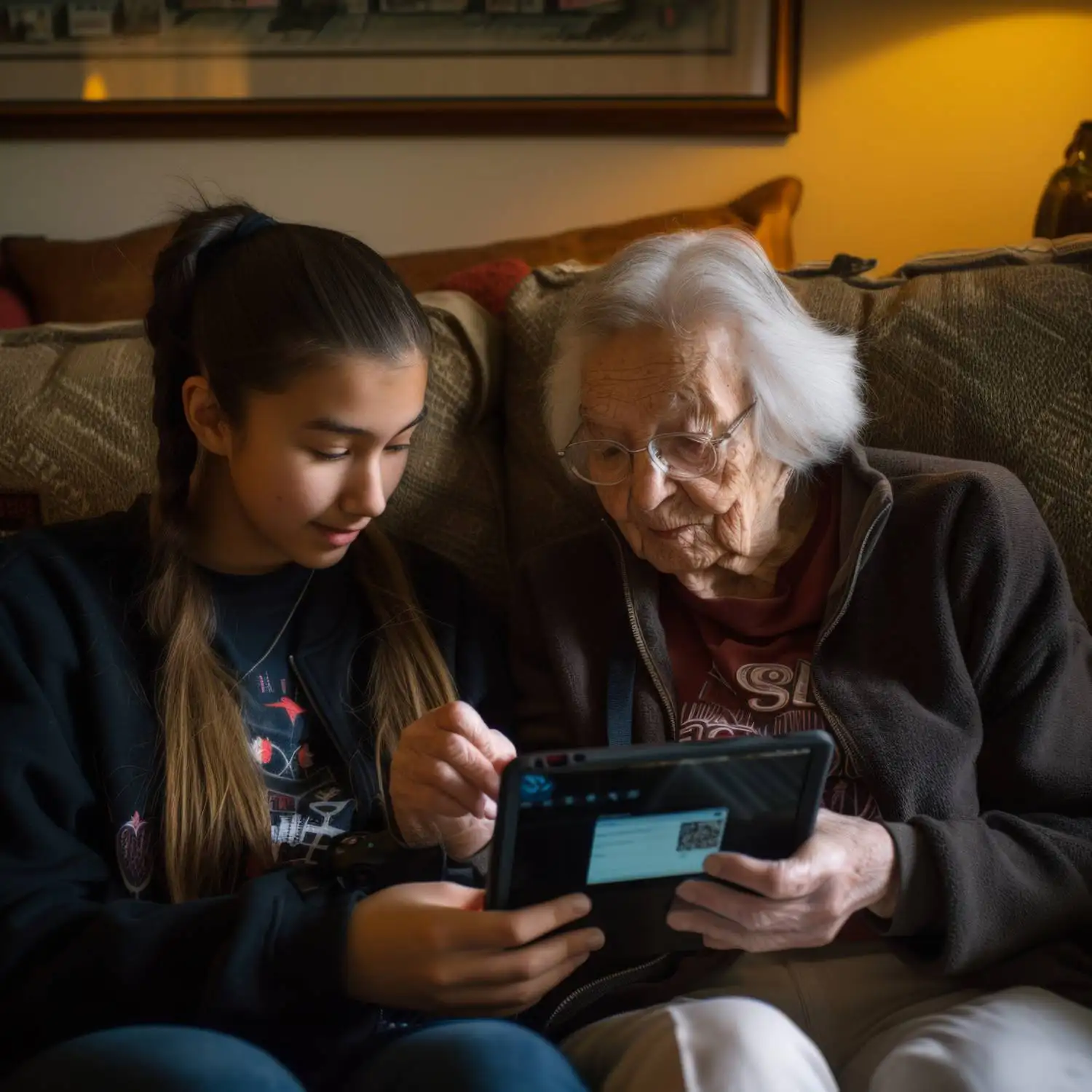 An older woman and a young girl sitting on a couch, engrossed in a tablet together.
