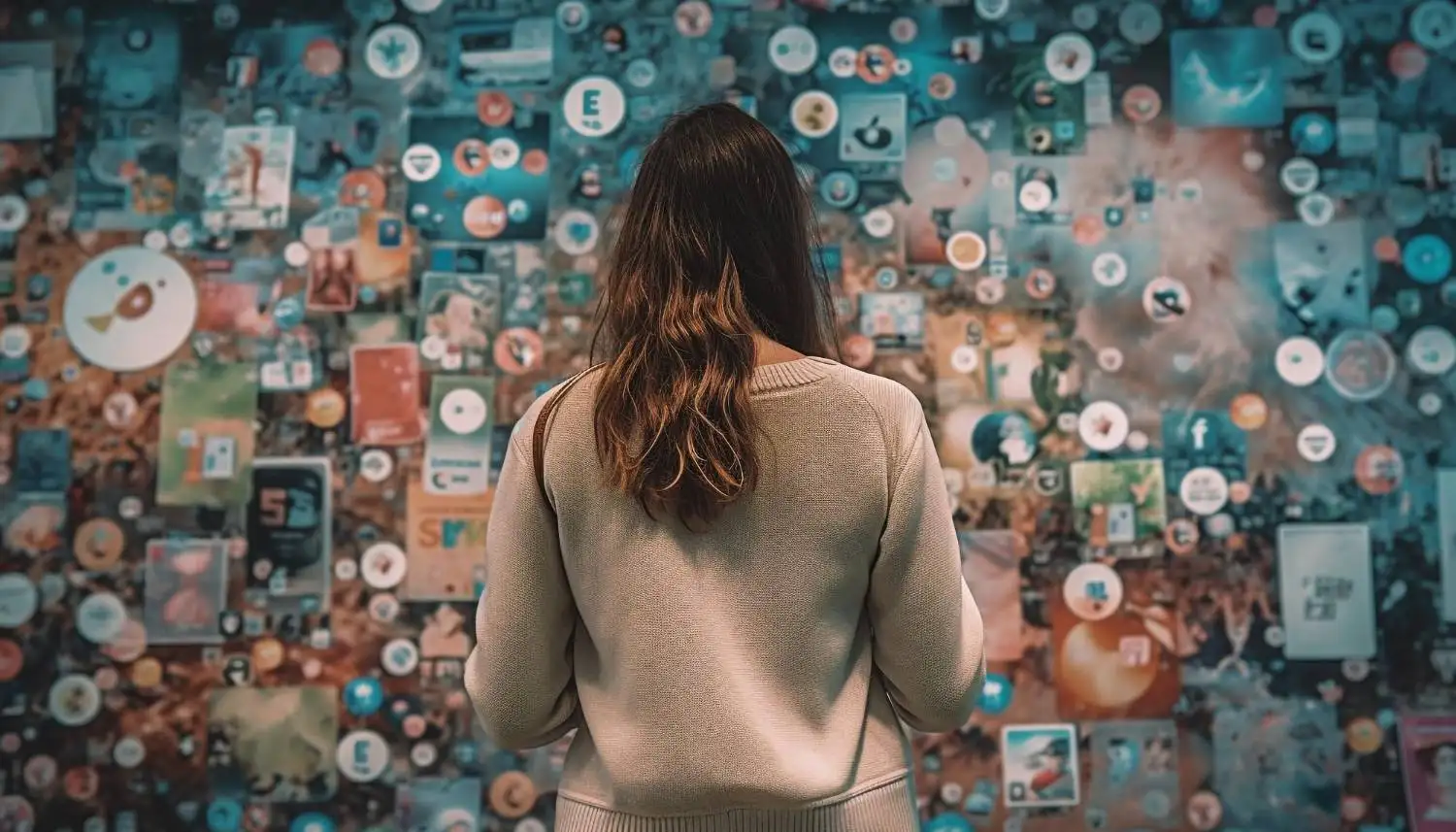 A woman observing a wall filled with various social media icons representing popular online platforms.
