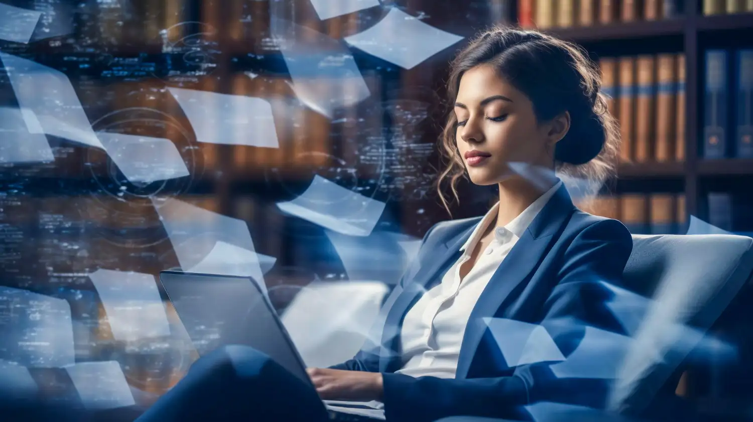 A businesswoman in a suit sitting on a couch with a laptop.
